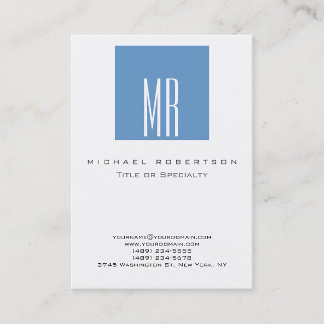 Monogram White Blue Grey Chic Chubby Business Card (Front)