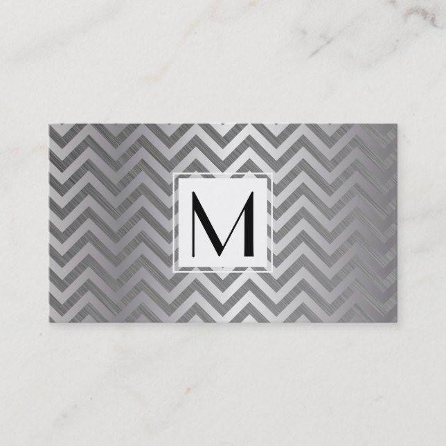 Monogram White Box Chevron Metallic Pattern Business Card (Front)