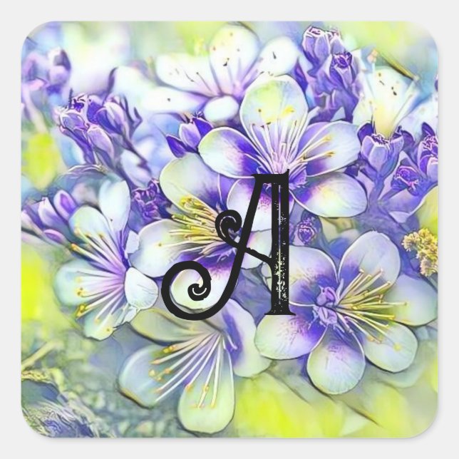 Monogram White Cherry Blossoms Watercolor  Square Sticker (Front)