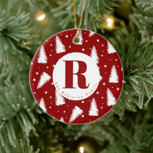 Monogram White Christmas Trees Ceramic Ornament
