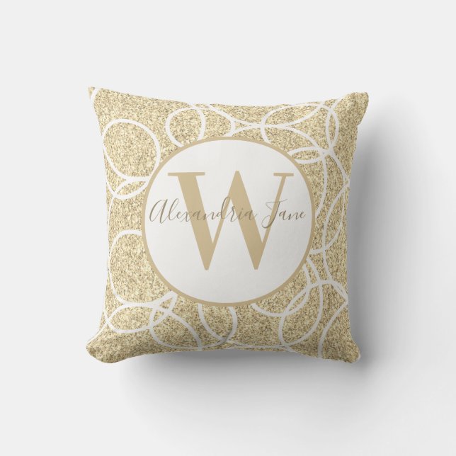 Monogram White Circle Gold Glitter Modern Abstract Cushion (Front)