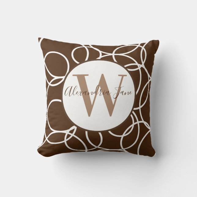 Monogram White Circles Brown Modern Abstract  Cushion (Front)