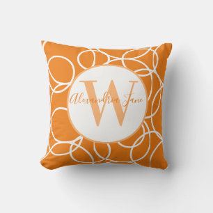 Monogram White Circles Orange Modern Abstract Cushion