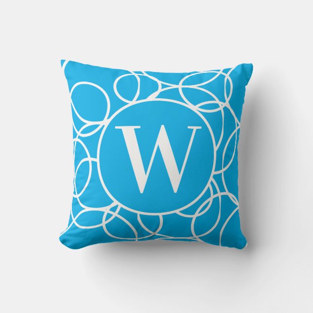 Monogram White Circles Sky Blue Modern Abstract Cushion (Front)