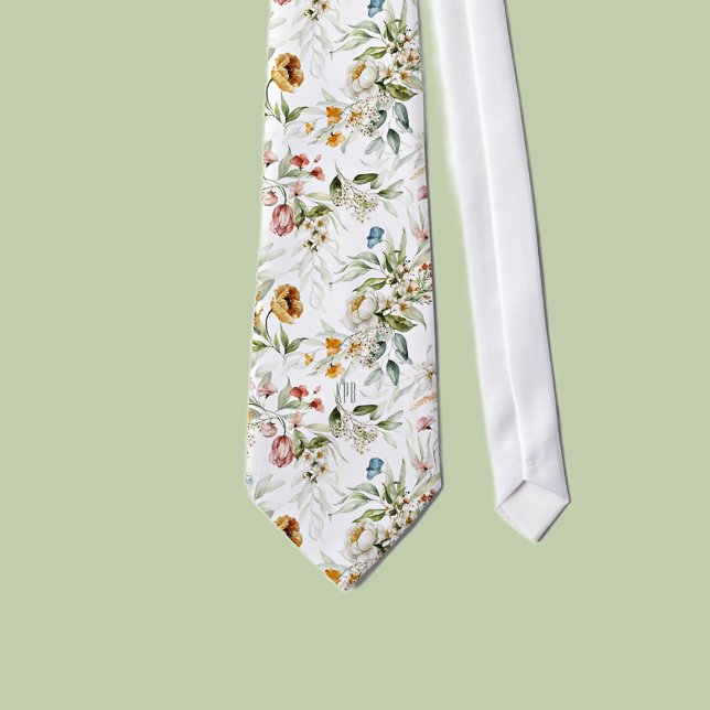 Monogram White Colourful Floral Pattern on Neck Ti Tie (Creator Uploaded)