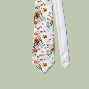 Monogram White Colourful Floral Still Life Art Tie