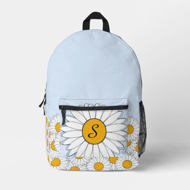 Monogram White Daisies on Pale Powder Blue Printed Backpack (Front)