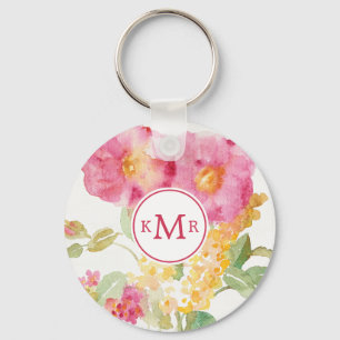 Monogram   White Daisy on Blue Key Ring