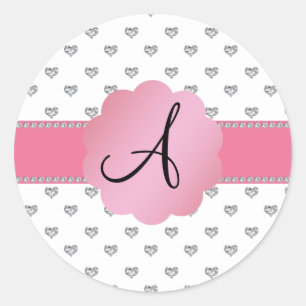Monogram white diamonds hearts classic round sticker