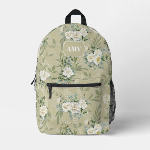 Monogram White Floral and Wavy Dots Printed Backpack