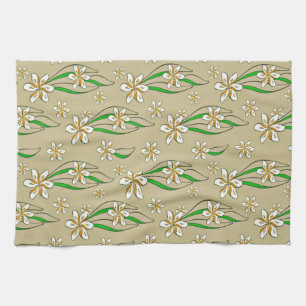 Monogram white floral Beige background Tea Towel