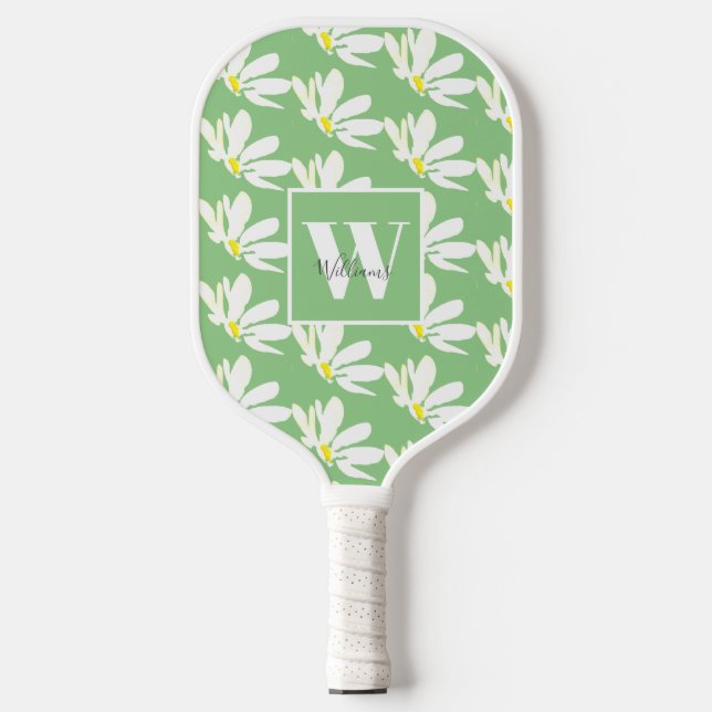 Monogram White Floral Daisy Pickleball Paddle (Front)