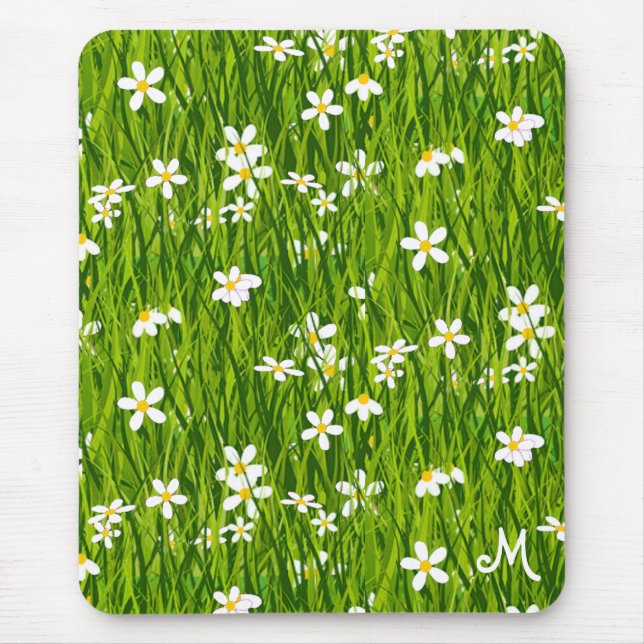 Monogram, White Flowers and Green Leaves Mouse Pad (Front)