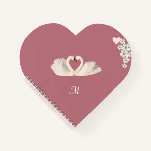 Monogram White Flowers and Swans on Rose Gold Notebook