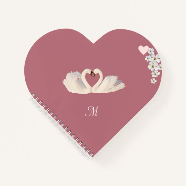Monogram White Flowers and Swans on Rose Gold Notebook (Front)