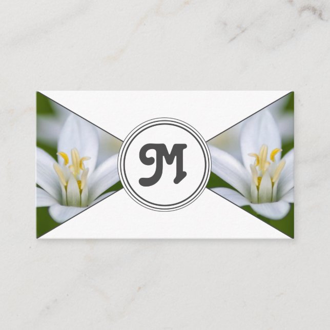Monogram white flowers florist elegant triangles business card (Front)