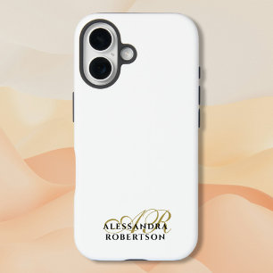 Monogram White Gold Black Name Elegant Minimalist  iPhone 16 Case