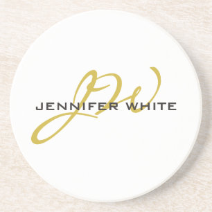 Monogram White Gold Colour Plain Modern Minimalist Coaster