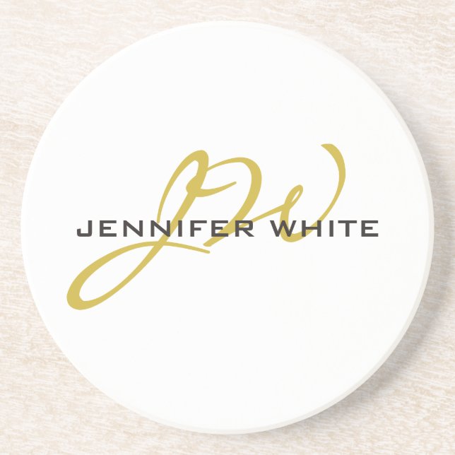 Monogram White Gold Colour Plain Modern Minimalist Coaster (Front)