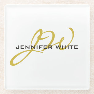 Monogram White Gold Colour Plain Modern Minimalist Glass Coaster