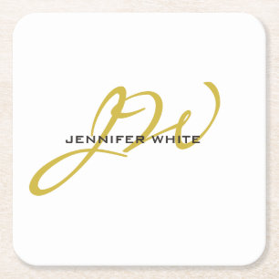Monogram White Gold Colour Plain Modern Minimalist Square Paper Coaster