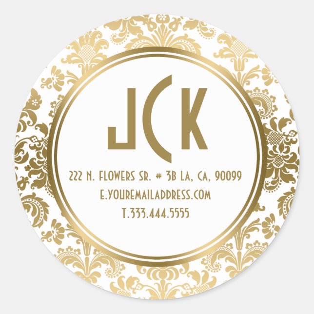 Monogram White & Gold Floral Damasks Pattern Classic Round Sticker (Front)