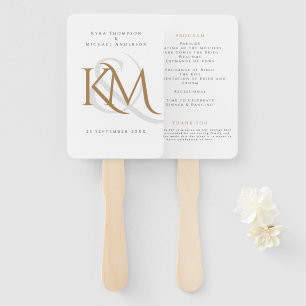 Monogram White Gold Modern Simple Wedding Program Hand Fan