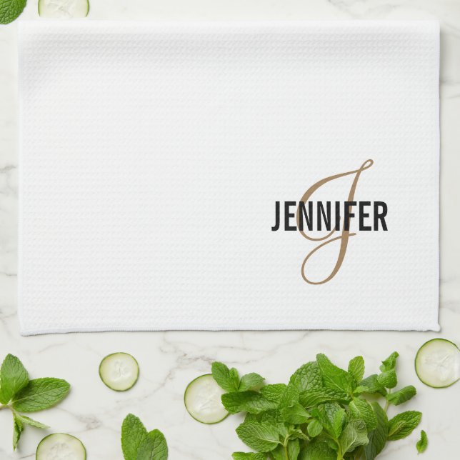 Monogram White Gold Script Elegant Kitchen Towel (Folded)