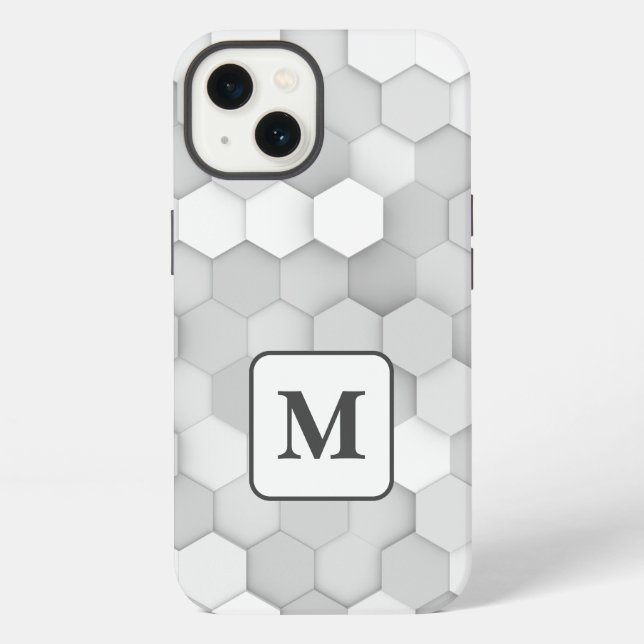 Monogram White & Grey Geometric Hexagon Pattern iPhone Case (Back)