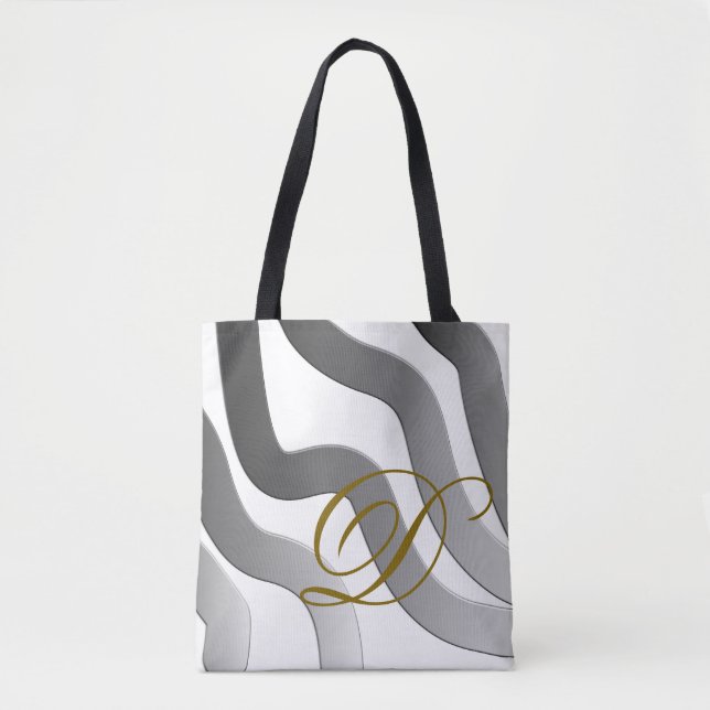Monogram white grey gold  gradient line abstract  tote bag (Front)