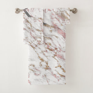 Monogram White Grey Gold Pink Marble Trendy  Bath Towel Set