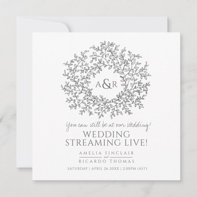 Monogram white grey leaves wedding live stream announcement (Front)