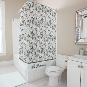 Monogram White Grey Swan Floral Elegant Stylish Shower Curtain