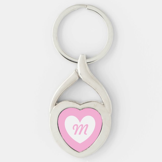 Monogram White heart on Cotton Candy Pink Key Ring (Front)