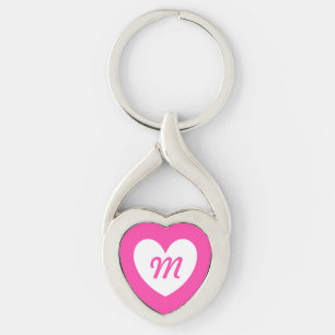 Monogram white heart on fuchsia pink key ring