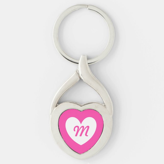 Monogram white heart on fuchsia pink key ring (Front)