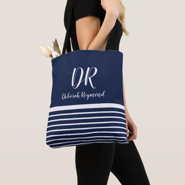Monogram White Horizontal Stripes elegant blue Tote Bag (Close Up)