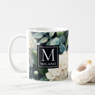 Monogram White Hydrangea Custom Name Coffee Mug
