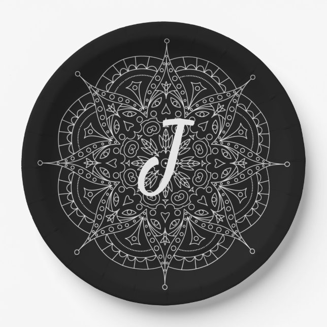 Monogram White Lace On Black Paper Plate (Front)