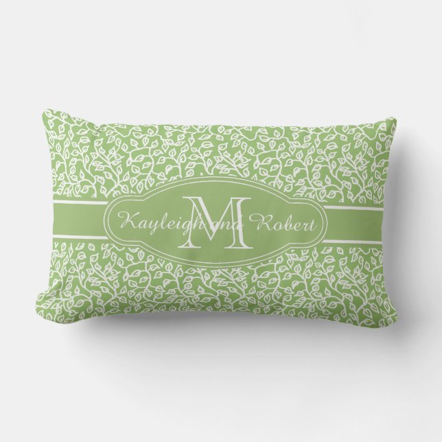 Monogram White Leafy Pattern on Apple Green Lumbar Cushion (Front)