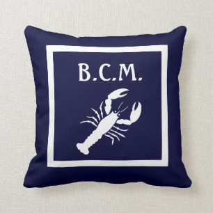 monogram & WHITE LOBSTER & Anchor WHITE on BLUE Cushion