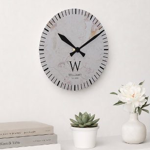 Monogram White Marble Black Initial & Custom Name Round Clock