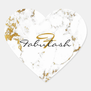 Monogram White Marble Gold Glitter Name Heart Sticker
