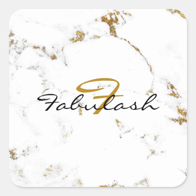 Monogram White Marble Gold Glitter Name Square Sticker (Front)