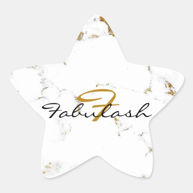 Monogram White Marble Gold Glitter Name Star Sticker (Front)