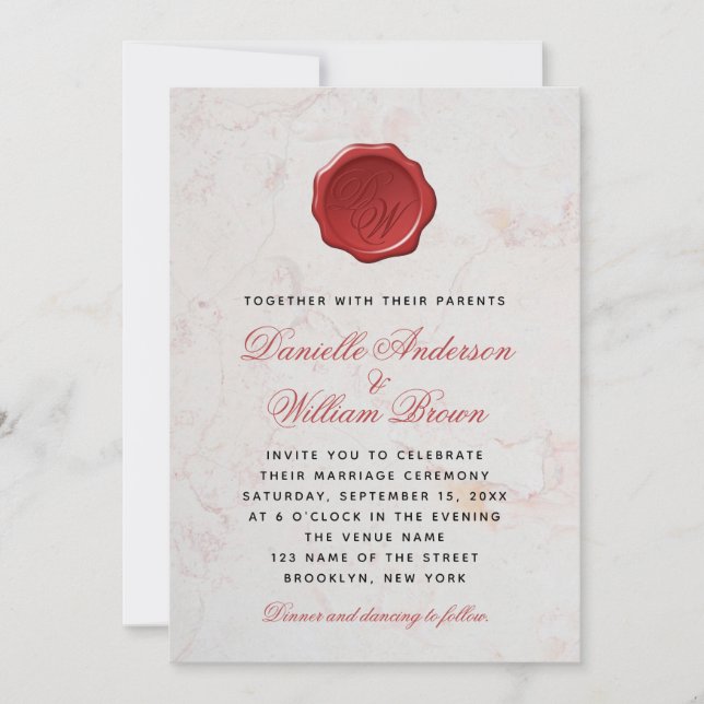 Monogram White Marble Red Script  Wax Seal Wedding Invitation (Front)