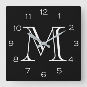 Monogram White Numbers On Black wccnt Square Wall Clock