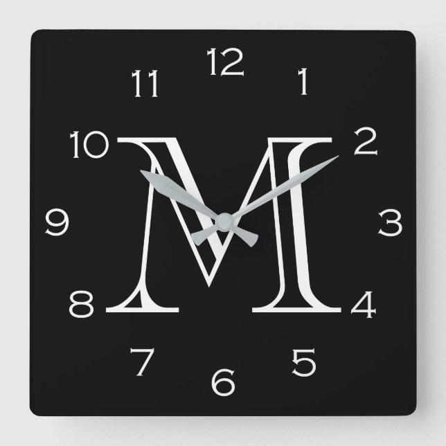 Monogram White Numbers On Black wccnt Square Wall Clock (Front)