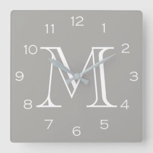 Monogram White Numbers On Grey wccn Square Wall Clock