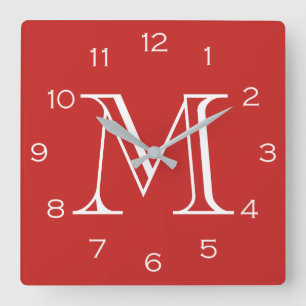 Monogram White Numbers On Red wccnt Square Wall Clock